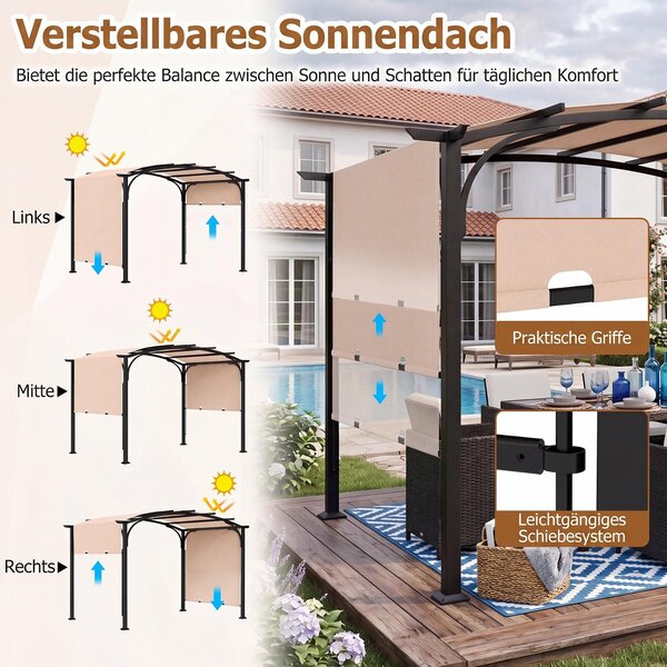 Pergola COSTWAY, altán 3 x 2,4 m s posuvnou střechou, zahradní altán s ochranou proti slunci, ocelový rám, zastřešení terasy
