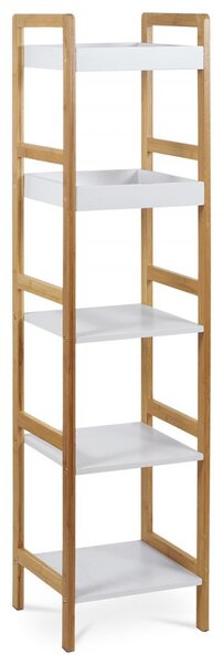 Regál, 5 polic, masiv bambus, přírodní odstín, MDF, bílý matný lak, nosn. 15 kg