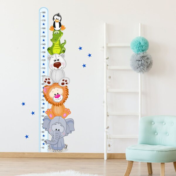 INSPIO Dětské samolepky na zeď - Modrý metr s barevnými zvířátky (180 cm)