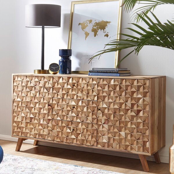 Komoda FineBuy z masivního akáciového deva, 140 cm, 2 dvíka a 3 zásuvky – masivní retro komoda s designovým elem – pírodní komoda – run vyrobená v industriálním stylu