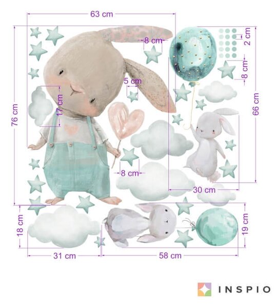 INSPIO-textilní přelepitelná samolepka - Samolepka do dětského pokoje - Zajíčci s hvězdičkami v mentolové barvě