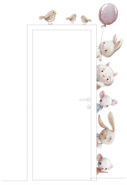 INSPIO-textilní přelepitelná samolepka - Nálepky na zeď - Akvarelová zvířátka kolem dveří do dětského pokoje