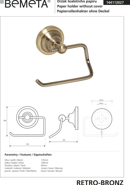 Bemeta Design RETRO bronz: Držák toaletního papíru, bez krytu - 144112027