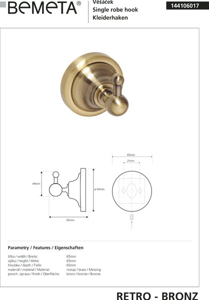 Bemeta Design RETRO bronz: Háček - 144106017