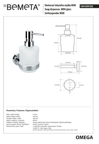Bemeta Design OMEGA: Dávkovač mýdla, 200 ml - 104109102