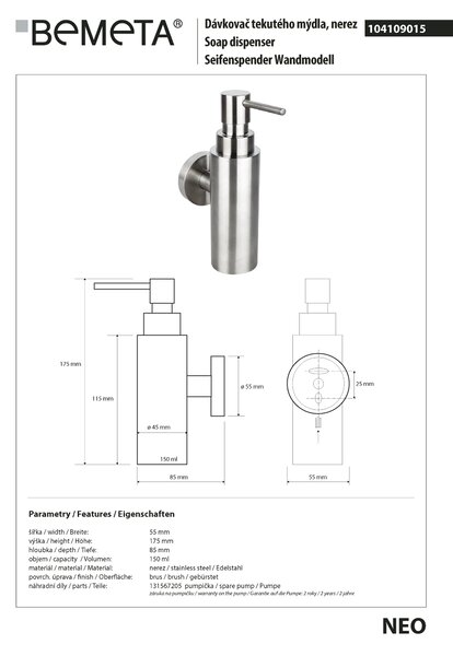 Bemeta Design NEO: Dávkovač mýdla, 150 ml - 104109015