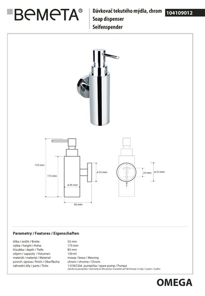 Bemeta Design OMEGA: Dávkovač mýdla, 150 ml - 104109012