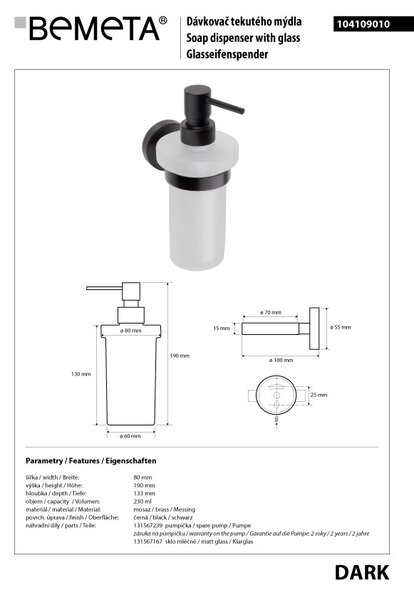 Bemeta Design DARK: Dávkovač mýdla, 230 ml - 104109010