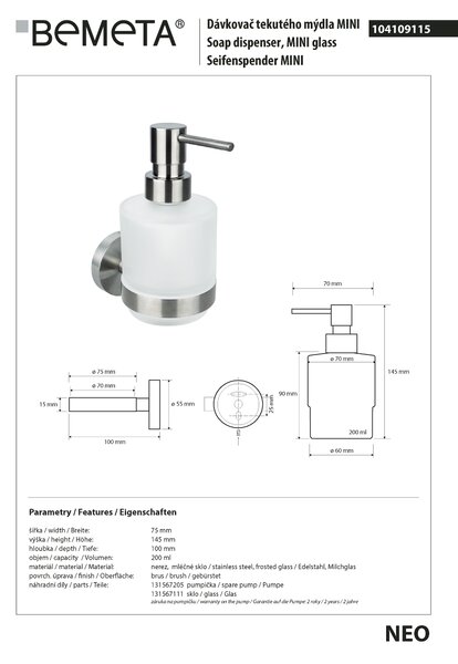 Bemeta Design NEO: Dávkovač mýdla, 200 ml - 104109115
