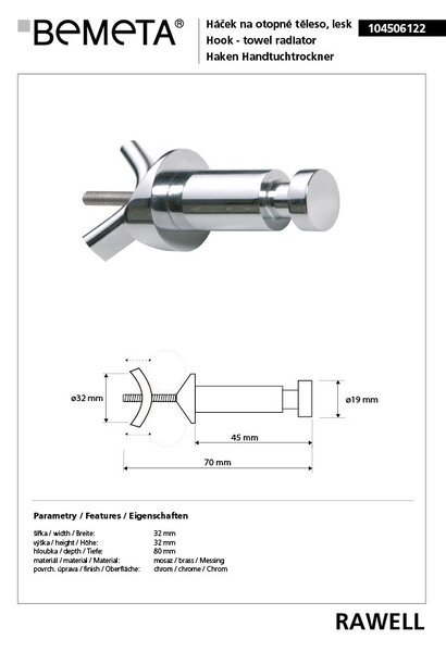 Bemeta Design RAWELL: Háček, na topné těleso, lesk - 104506122