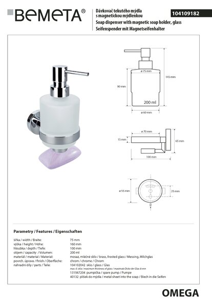 Bemeta Design OMEGA: Dávkovač mýdla, 200 ml, s magnetickou mýdlenkou - 104109182