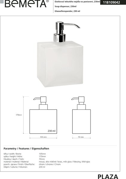 Bemeta Design BETA: Dávkovač mýdla, 230 ml, na postavení - 118109042