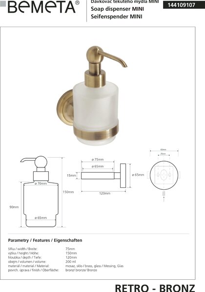 Bemeta Design RETRO bronz: Dávkovač mýdla, 200 ml - 144109107