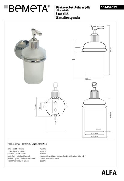 Bemeta Design ALFA: Dávkovač mýdla, 200 ml - 102408022