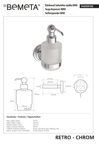 Bemeta Design RETRO chrom: Dávkovač mýdla, 200 ml - 144309102