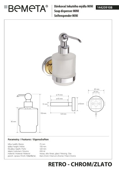 Bemeta Design RETRO gold-chrom: Dávkovač mýdla, 200 ml - 144209108