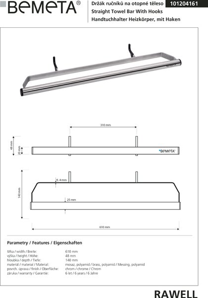 Bemeta Design RAWELL: Držák ručníků na topné těleso, 610 mm, lesk - 101204161