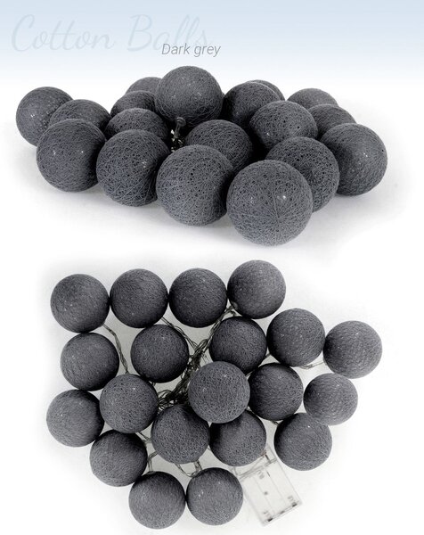 Tutumi Cotton Balls, LED svítící kuličky 500cm 20ks, tmavě šedá, BAL-00013