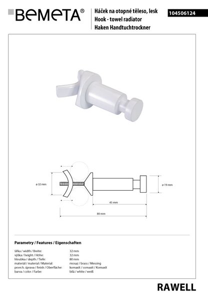 Bemeta Design RAWELL: Háček, na topné těleso, bílá - 104506124