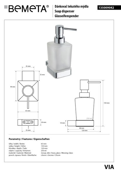 Bemeta Design VIA: Dávkovač mýdla, 250 ml - 135009042