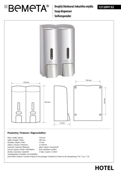 Bemeta Design Dávkovač mýdla, 2 x 300 ml, dvojitý, plast, lesk - 121209132
