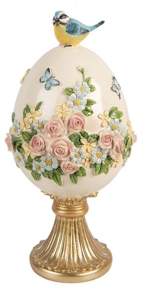 Béžovo-zlatá dekorace vajíčko s květy a ptáčkem - Ø 16*33 cm - Clayre & Eef