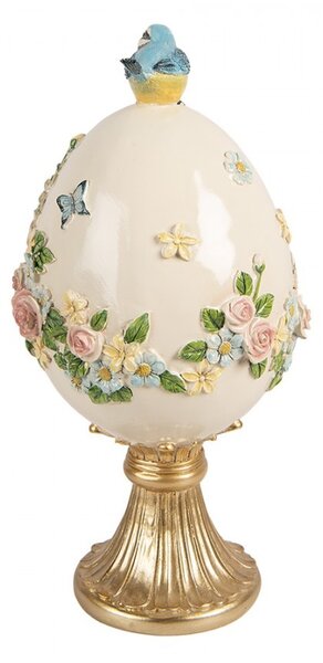Béžovo-zlatá dekorace vajíčko s květy a ptáčkem - Ø 16*33 cm - Clayre & Eef