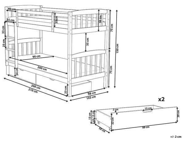 Patrová postel se zásuvkami REVIN Borovicové dřevo Bílá 90 x 200 cm