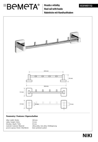 Bemeta Design NIKI: Věšák, 260 mm, se 4 háčky - 153105112