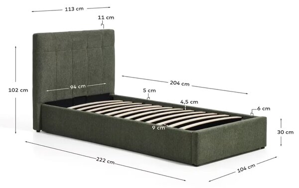 Kave Home Zelená jednolůžková postel Darnela 90 x 200 cm s úložným prostorem