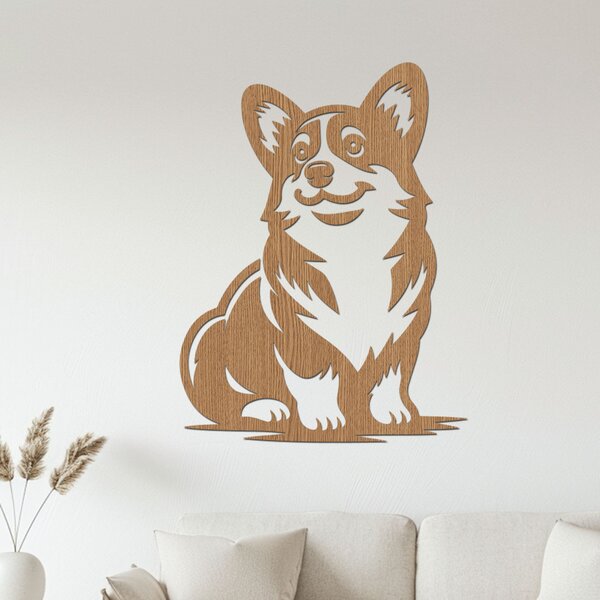 Dřevěný obraz sedící Corgi | Rozměry (cm): 30x40 | Zvolte barvu dekoru: Javor