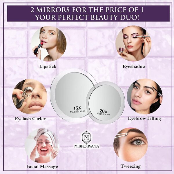 Zvětšovací zrcadlo, sada zrcadel pro líčení, kombinace s 3 přísavkami pro make-up a pinzetu, vhodné pro úpravu obočí – extrémní zvětšení 20x