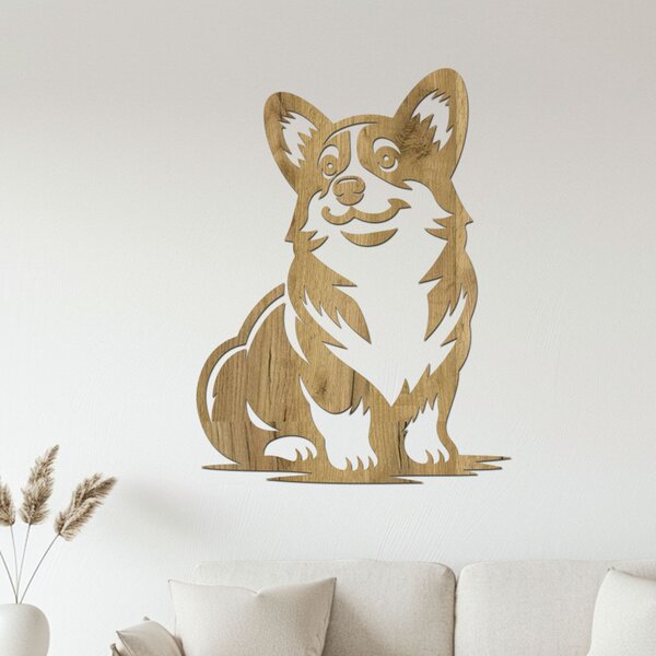 Dřevěný obraz sedící Corgi | Rozměry (cm): 30x40 | Zvolte barvu dekoru: Javor