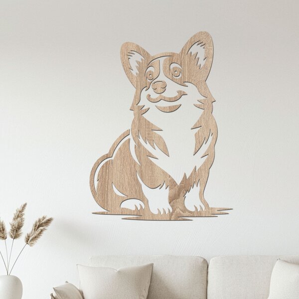 Dřevěný obraz sedící Corgi | Rozměry (cm): 30x40 | Zvolte barvu dekoru: Javor