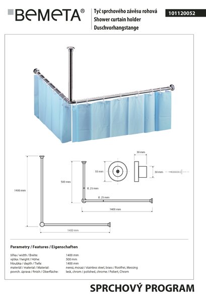 Bemeta Design Tyč sprchového závěsu, 1400 x 1400 mm, rohová, nerez, lesk - 101120052