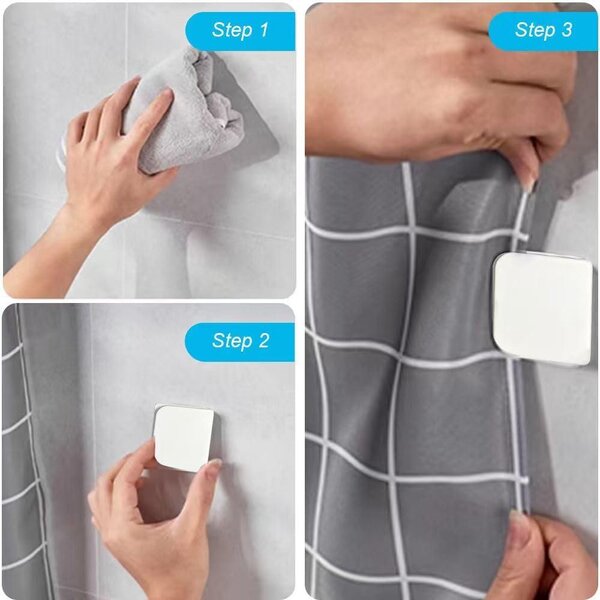 Sponky na závěs do sprchy - 4 kusy. Větrotěsné spony na závěs - samolepicí klipsy pro upevnění závěsu