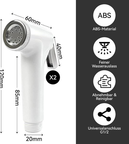 Ruční sprcha pro bidet, sprcha na bidet, sprcha na vanu, materiál: ABS - sada 2 kusů
