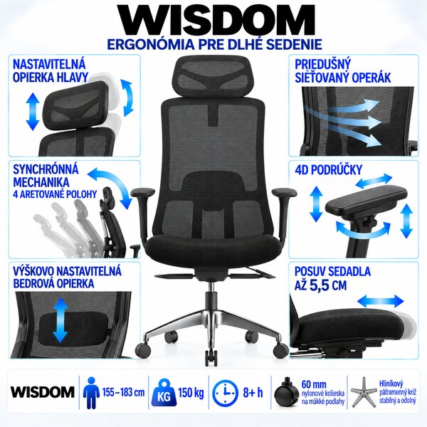 Ergonomická kancelářská židle MERCURY WISDOM ČERNÁ – síťovaná