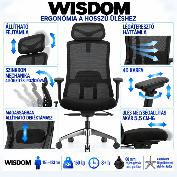 Ergonomická kancelářská židle MERCURY WISDOM ČERNÁ – síťovaná
