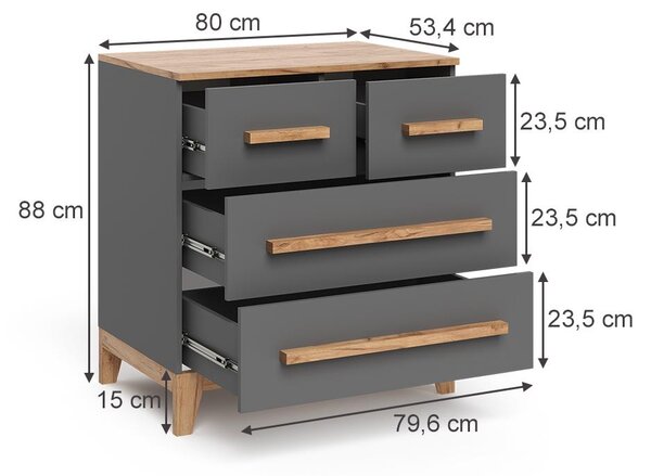 Kredenc Vitalispa Malia Grey/Artisan 80 x 88 cm se 4 zásuvkami, Model 58366