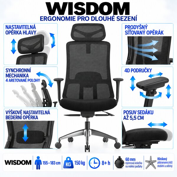 Ergonomická kancelářská židle MERCURY WISDOM ČERNÁ – síťovaná