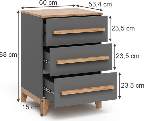 Kredenc Vitalispa Malia Grey/Artisan 60 x 88 cm se 3 zásuvkami, Model 58344