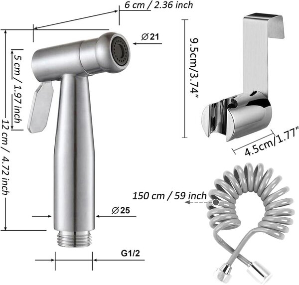 Kvalitní sada pro toaletní bidet s držákem na nádržku a 150 cm (59 palců) teleskopickou sprchovou hadicí z ABS pro každodenní osobní hygienu (šedá barva)