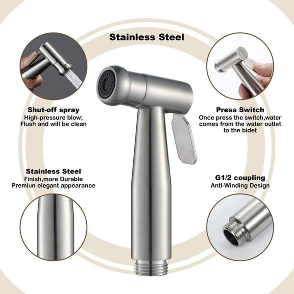 Kvalitní sada pro toaletní bidet s držákem na nádržku a 150 cm (59 palců) teleskopickou sprchovou hadicí z ABS pro každodenní osobní hygienu (šedá barva)