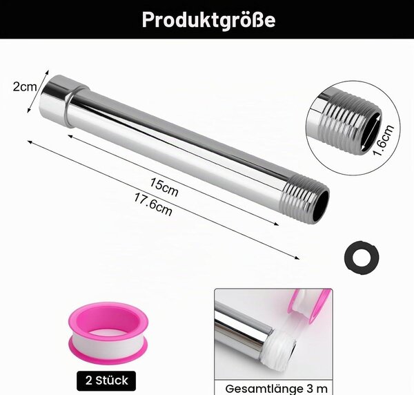 Prodlužovací hadice pro sprchovou hlavici, délka 15 cm, s těsnicí páskou