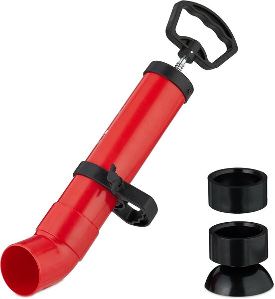 Čisticí pumpa pro odpad – 2 nástavce – Vhodná pro toalety, sprchy a umyvadla – S funkcí pro čištění pomocí stlačeného vzduchu – Černá – Červená