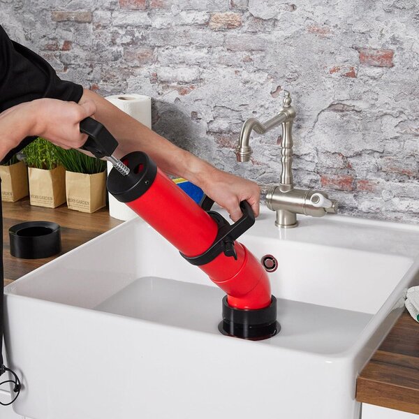 Čisticí pumpa pro odpad – 2 nástavce – Vhodná pro toalety, sprchy a umyvadla – S funkcí pro čištění pomocí stlačeného vzduchu – Černá – Červená