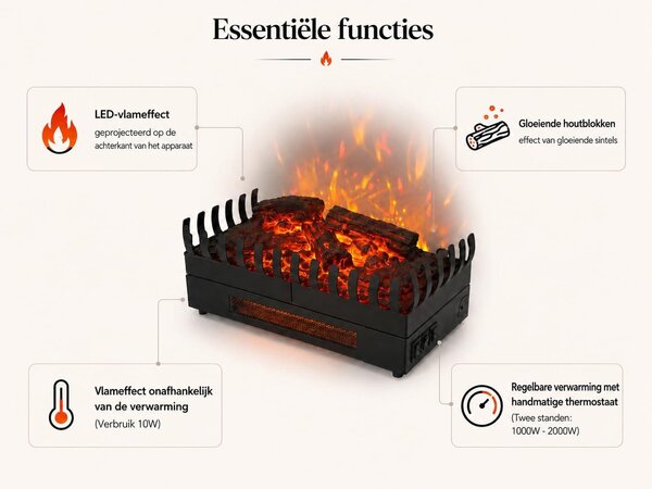 Elektrický krb s efektem plamene XL + topení 2000 W – s efektem žhnoucích polen – LED osvětlení – volně stojící – 67x23x24 cm