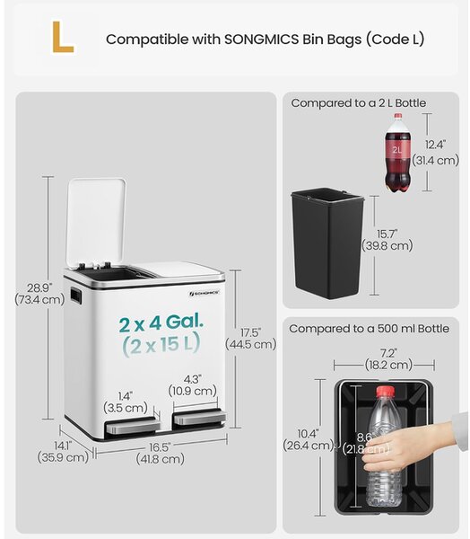 SONGMICS Koš na tříděný odpad 2 x 15 l bílý