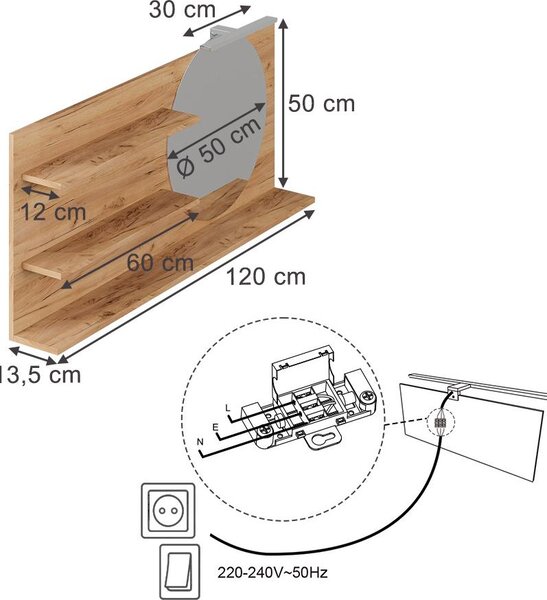 Zrcadlová police Vicco Avena Dub 120 x 50 cm se 3 otevřenými přihrádkami, Model 58562